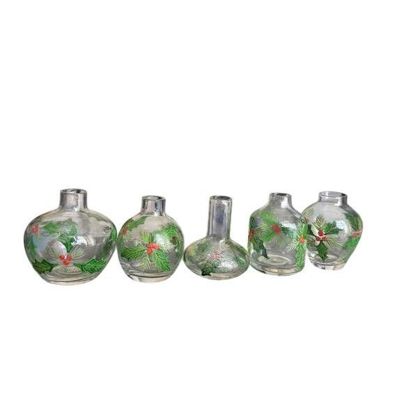 Set Of 5 Hand Painted Twos Company Christmas Holiday Mini Glass Vases‎ - Picture 1 of 11